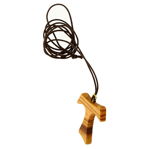 Pendant of Carlo Acutis, olivewood tau with brown lanyard 2