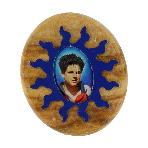 Magnete ovali sole raggi blu Carlo Acutis legno ulivo 1