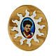 Oval olivewood magnet, white sun's rays and Carlo Acutis' image s1