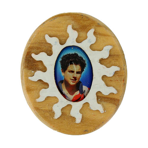 Magnete ovale sole raggi bianchi Carlo Acutis legno ulivo 1