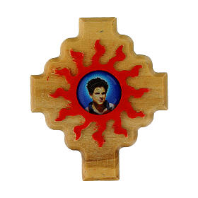 Cross-shaped magnet with red rays and Carlo Acutis' image, olivewood, 1.5x1.3 in