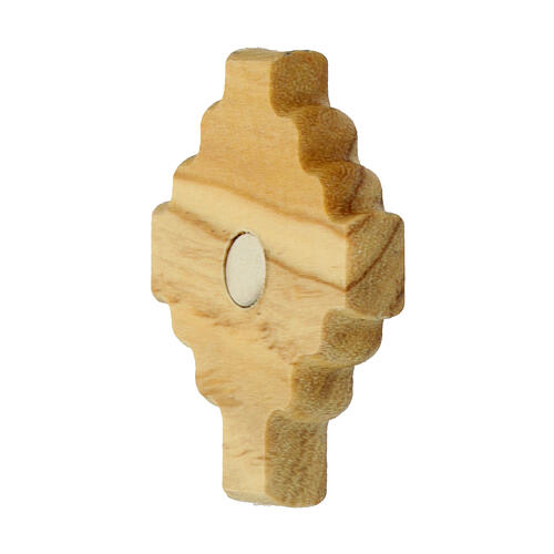 Cross-shaped magnet with red rays and Carlo Acutis' image, olivewood, 1.5x1.3 in 2