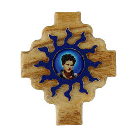 Cross-shaped magnet, blue rays and Carlo Acutis' image, olivewood, 1.5x1.3 in