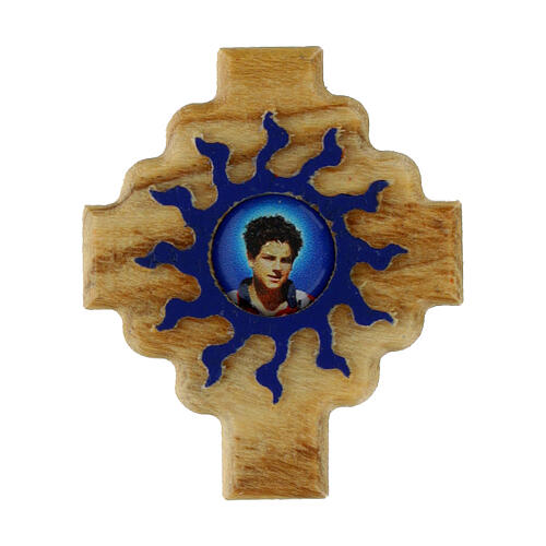 Cross-shaped magnet, blue rays and Carlo Acutis' image, olivewood, 1.5x1.3 in 1