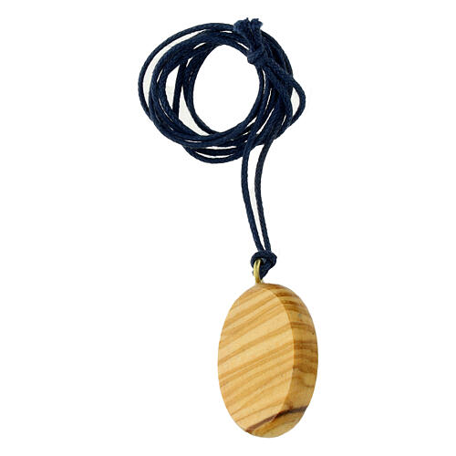 Oval pendant with blue sun and Carlo Acutis' image, olivewood 2