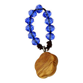 Single decade rosary bracelet of 2.5 in, blue beads and olivewood flower with Carlo Acutis' image