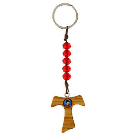 Key ring of Carlo Acutis, olivewood tau cross and red beads