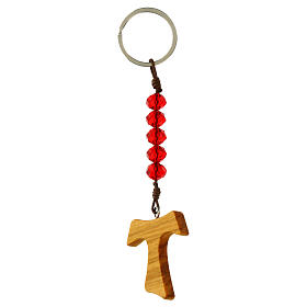 Key ring of Carlo Acutis, olivewood tau cross and red beads