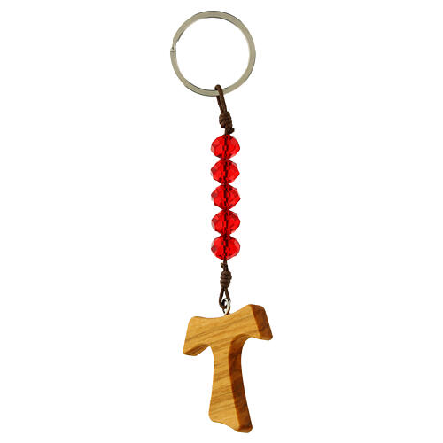 Key ring of Carlo Acutis, olivewood tau cross and red beads 2