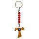 Key ring of Carlo Acutis, olivewood tau cross and red beads s1