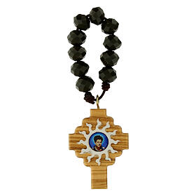 Single decade rosary ring, green beads and olivewood cross with Carlo Acutis, 7 in