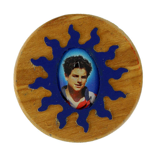 Round magnet of Carlo Acutis, olivewood, blue sun, 1.4 in 1