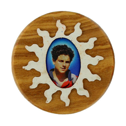 Magnete Carlo Acutis raggi bianchi legno ulivo 3 cm 1