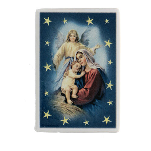 Magnet with Virgin Mary, baby Jesus and angel terracotta 1