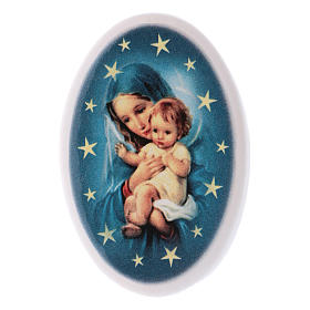 Round shaped magnet Virgin Mary, baby Jesus, terracotta