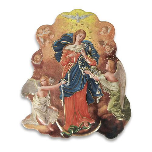 Magnet of Mary Untier of Knots with putti, resin, 3x2.5 in 1