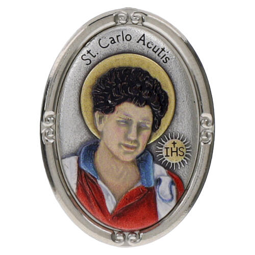 Silver-coloured Carlo Acutis magnet, 1.5x1.1 in, zamak 1