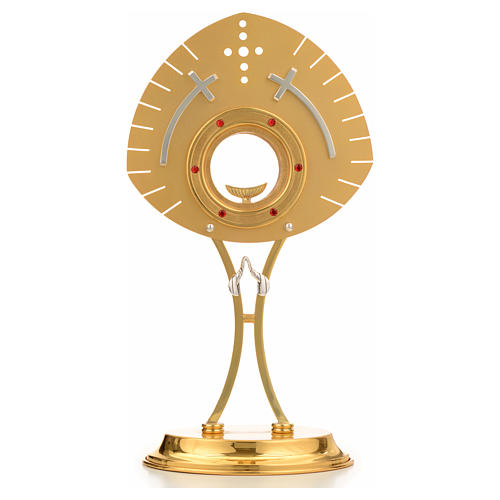 Monstrance with crosses and red stones in gold-plated brass 1