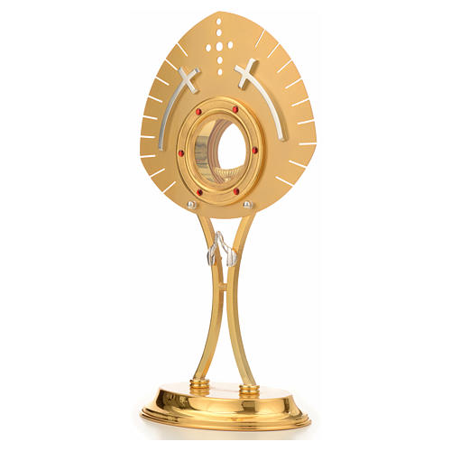 Monstrance with crosses and red stones in gold-plated brass 2