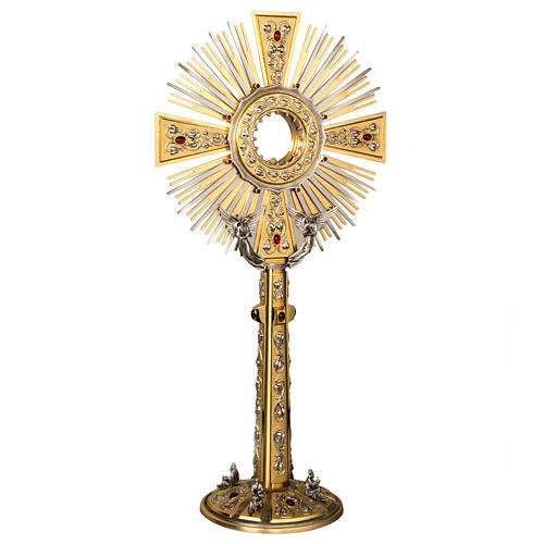 Monstrance in brass with figurines in bronze, with red stones 1