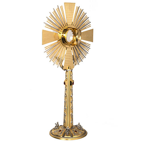 Monstrance in brass with figurines in bronze, with red stones 7