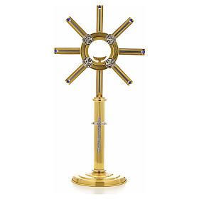 Monstrance in bi-coloured bronze with rays, angels and stones