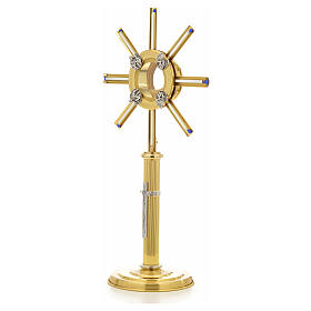 Monstrance in bi-coloured bronze with rays, angels and stones