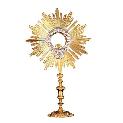 Monstrance in brass and strass, Crucifixion and angels 1