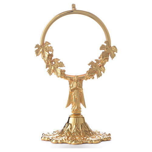 Chapel Monstrance in gold-plated brass with angel and vine branch 1