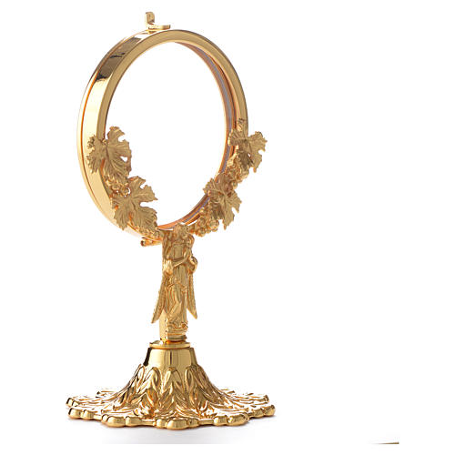 Chapel Monstrance in gold-plated brass with angel and vine branch 2