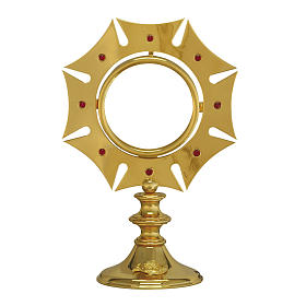 Monstrance in gold-plated brass with ruby red stones H19cm
