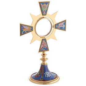 Monstrance in brass and resin, Four Evangelists, IHS