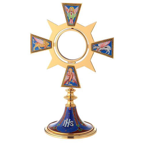 Monstrance in brass and resin, Four Evangelists, IHS 1