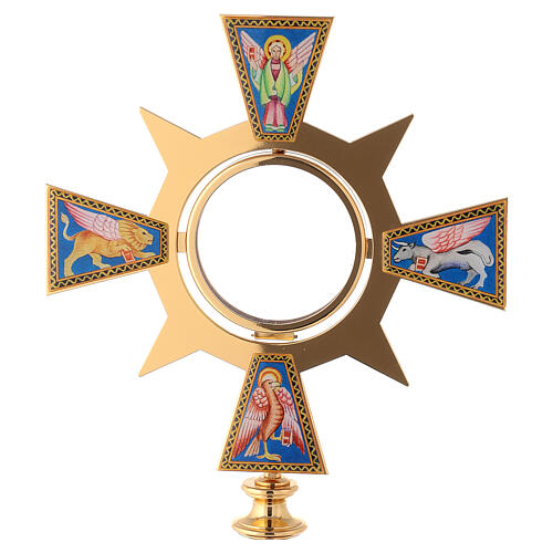 Monstrance in brass and resin, Four Evangelists, IHS 2
