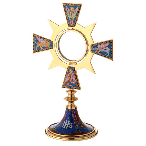 Monstrance in brass and resin, Four Evangelists, IHS 3