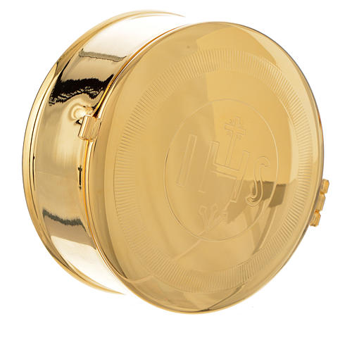 Caja para hostia Latón dorado IHS diám 9 cm con luneta 2