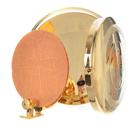 Caixa de hóstia latão dourado IHS diâmetro 9 cm com luneta 6