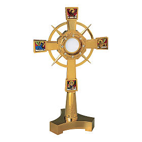 Molina ostensory with Evangelists, stones and XP symbol sized 60 cm in golden brass