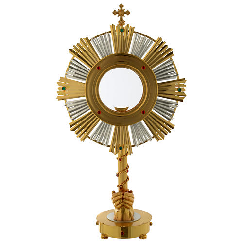Ostensory for altar bread in two tones with hands and stones in brass 75 cm 1