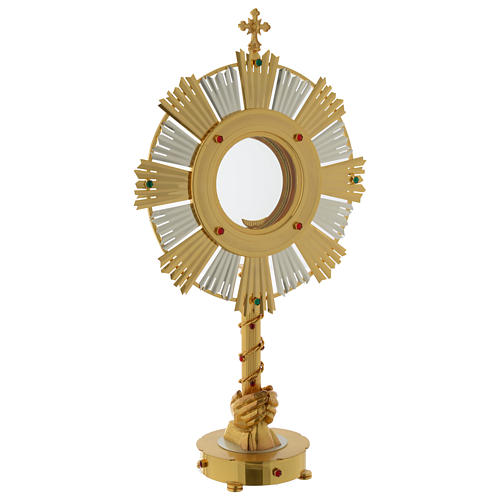 Ostensory for altar bread in two tones with hands and stones in brass 75 cm 3