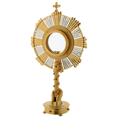 Ostensory for altar bread in two tones with hands and stones in brass 75 cm 5