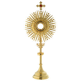 Monstrance in golden brass with red stone on cross 70 cm
