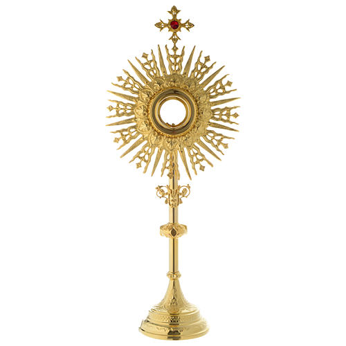 Monstrance in golden brass with red stone on cross 70 cm 1