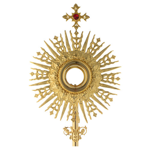 Monstrance in golden brass with red stone on cross 70 cm 2