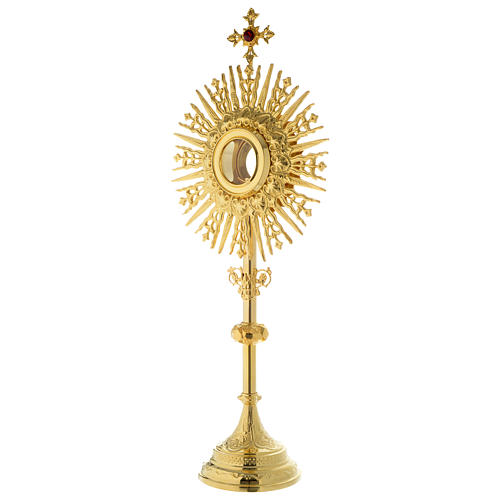 Monstrance in golden brass with red stone on cross 70 cm 3