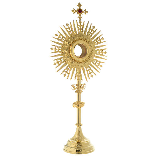 Monstrance in golden brass with red stone on cross 70 cm 5