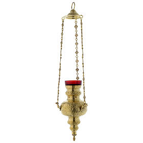 Hanging sanctuary lamp with leaf motif in golden brass 60 cm