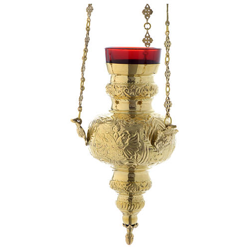 Hanging sanctuary lamp with leaf motif in golden brass 60 cm 2