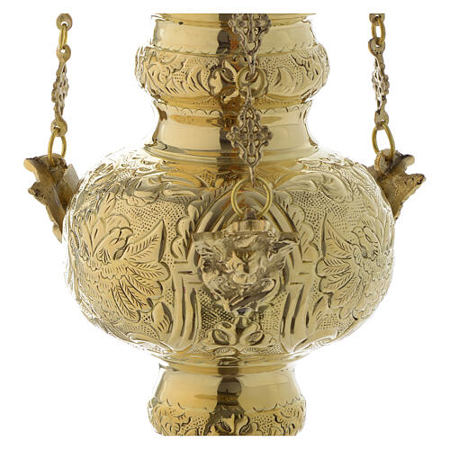 Hanging sanctuary lamp with leaf motif in golden brass 60 cm 3