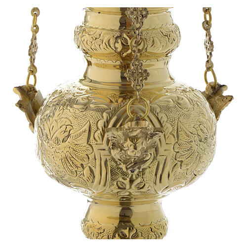 Hanging sanctuary lamp with leaf motif in golden brass 60 cm | online ...